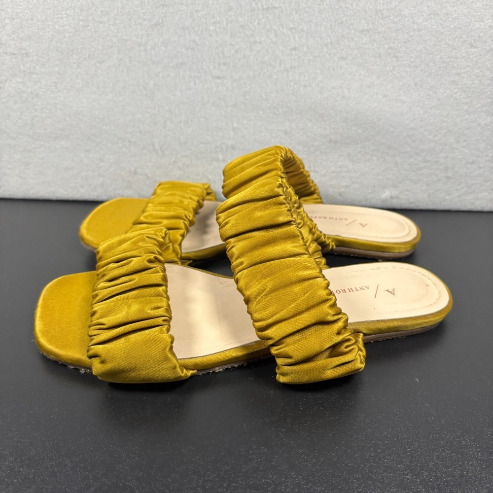 Anthropologie Gold Ruched Satin Slide Sandals Women's 37/6.5 Boho Summer Chic‎